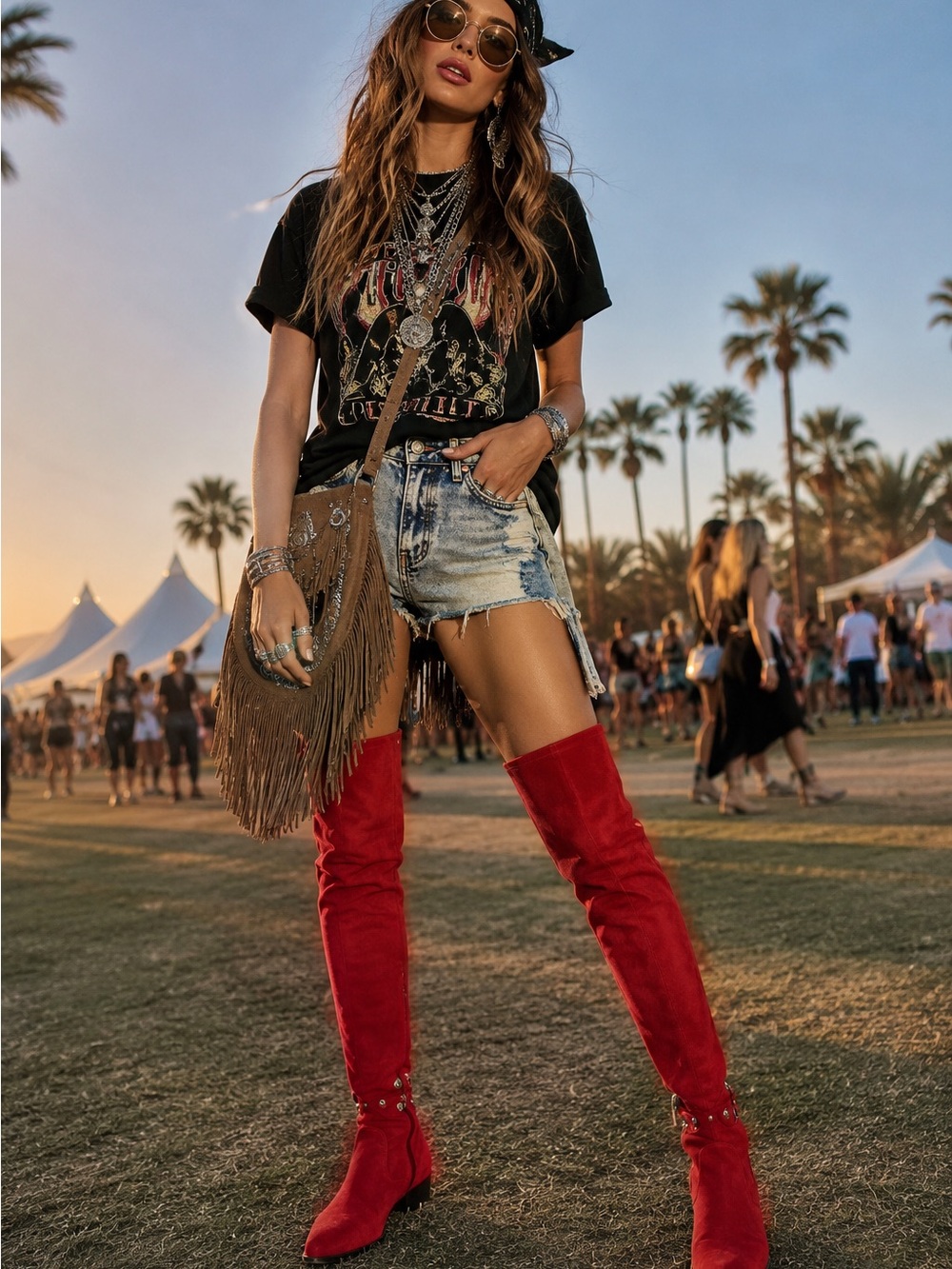 ABSTRAX Red Suede Over The Knee Boots Gold Button Festival 39